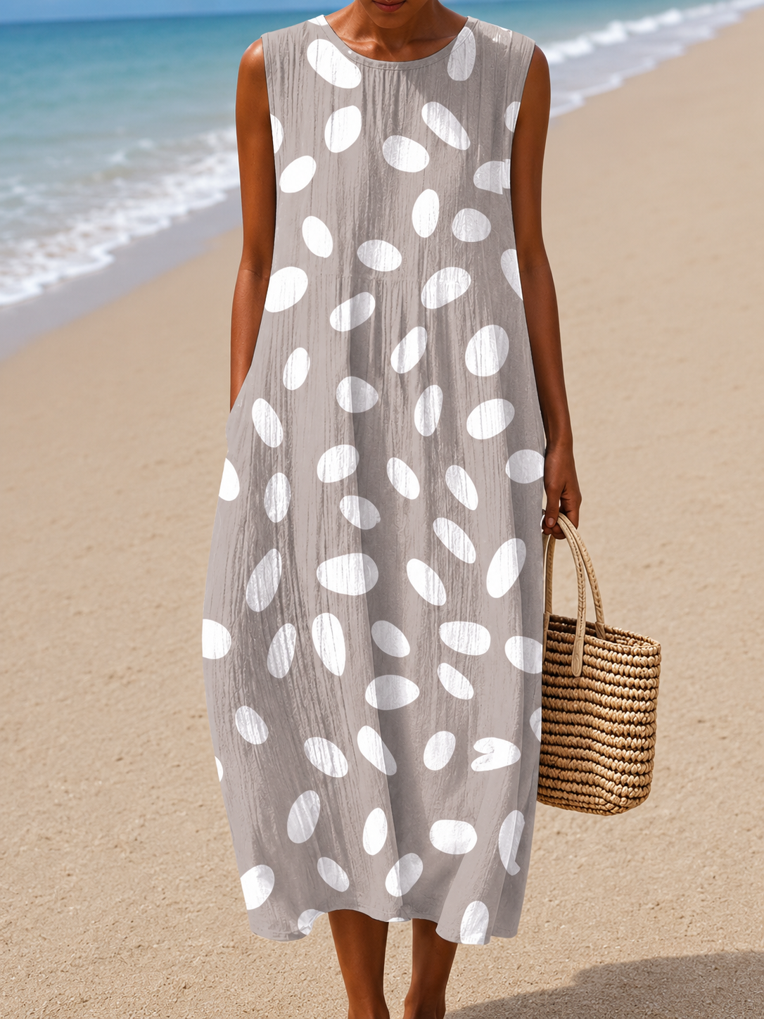 Polka Dot Scoop Neck Sleeveless Linen Midi Dress 2
