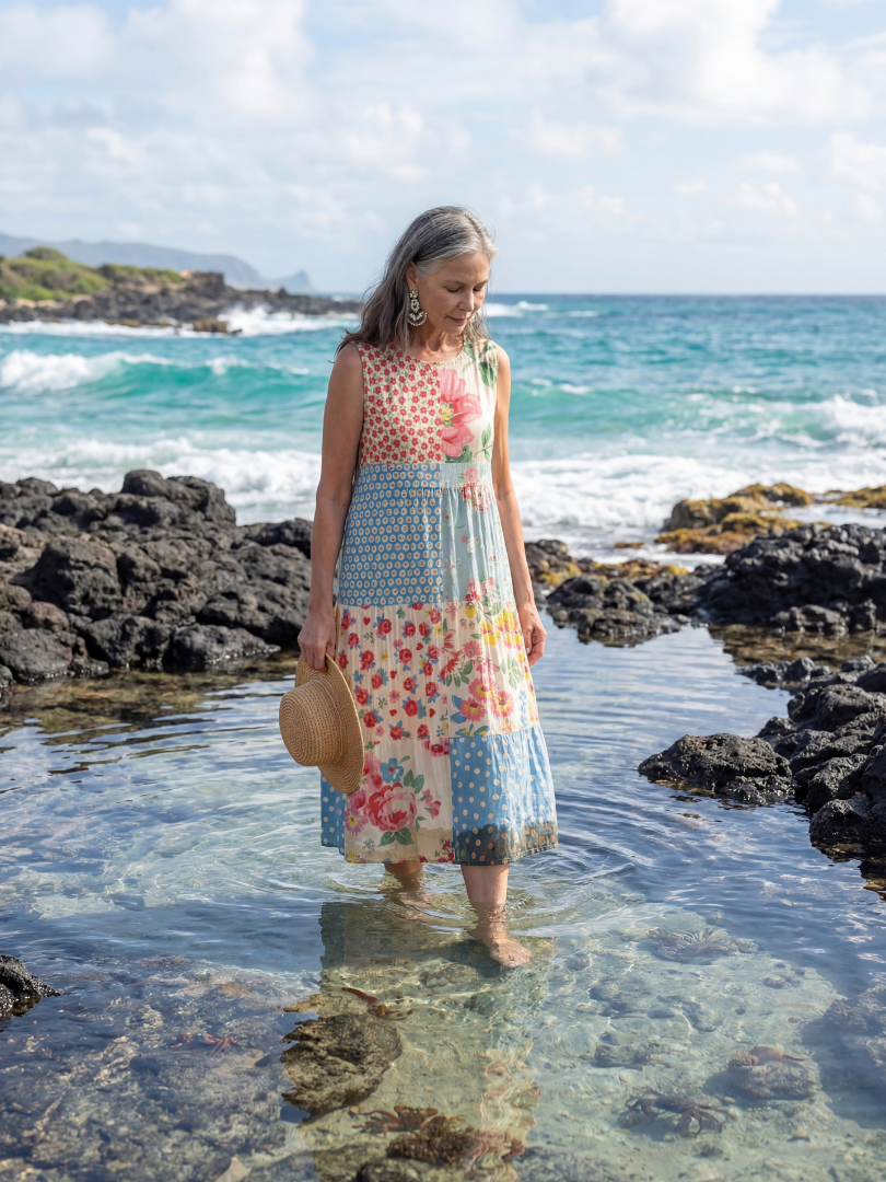 Patchwork Floral Sleeveless Tiered Midi Dress
