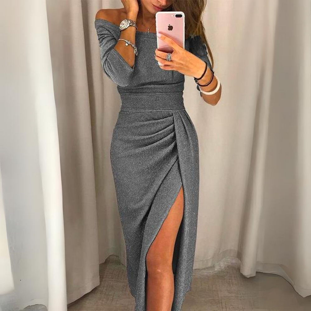 Off Shoulder Long Sleeve Ruched High Split Wrap Midi Dress - View 4