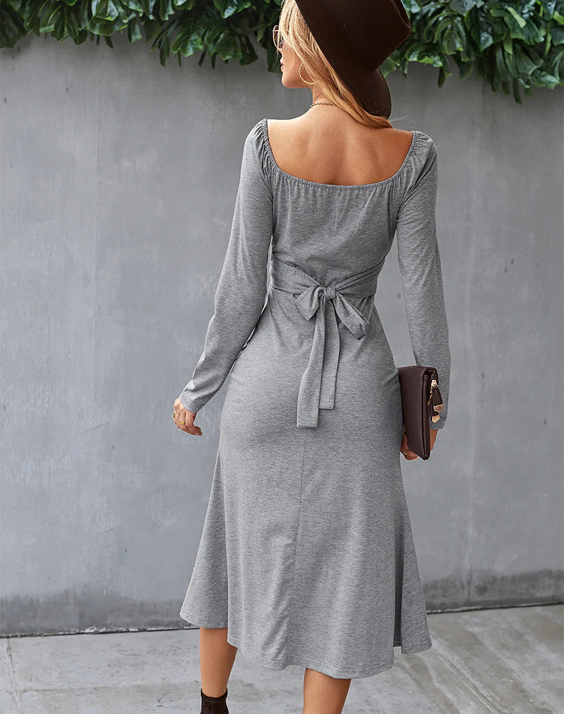 Ruched Sweetheart Long-Sleeve Fit-and-Flare Midi Dress 2