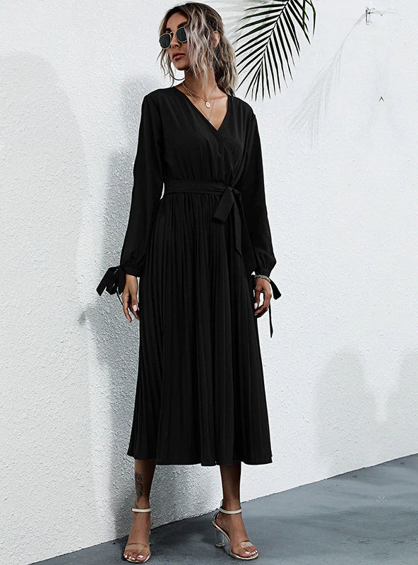Cut Out Sleeve V-Neck Pleated Belted Midi Dress 2