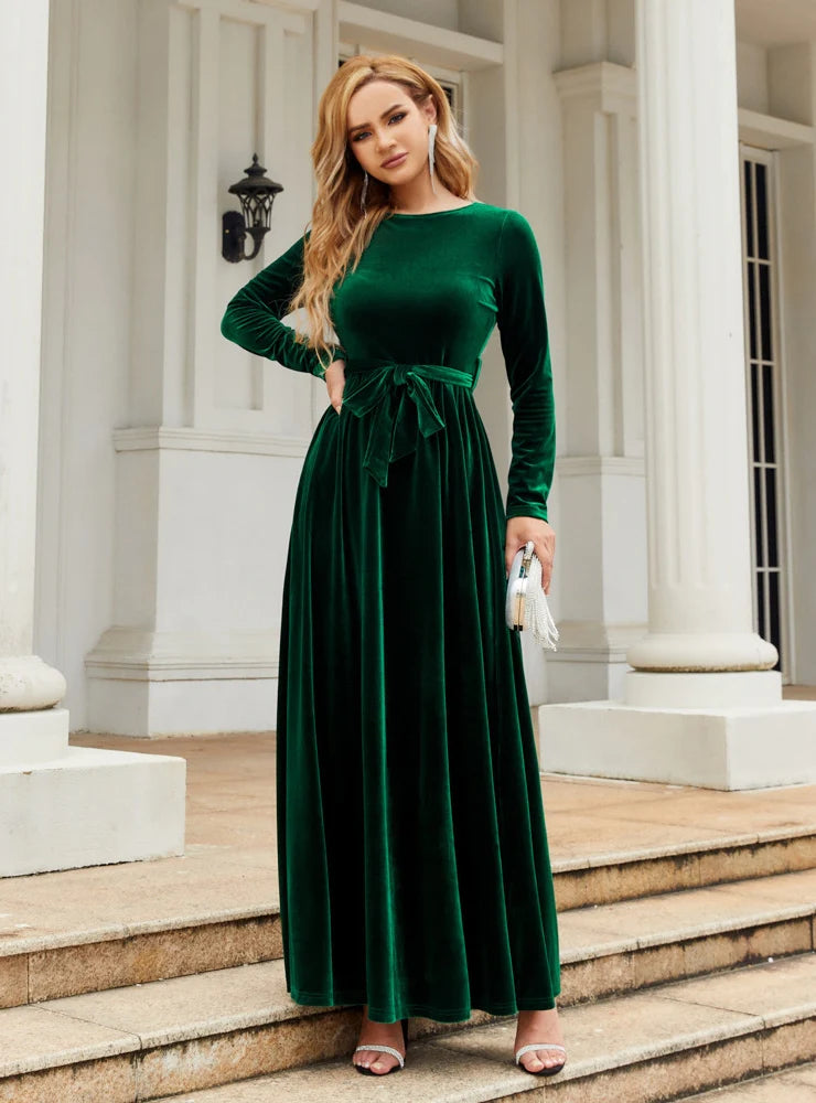 Velvet Round-Neck Long-Sleeve Belted A-Line Maxi Dress 2