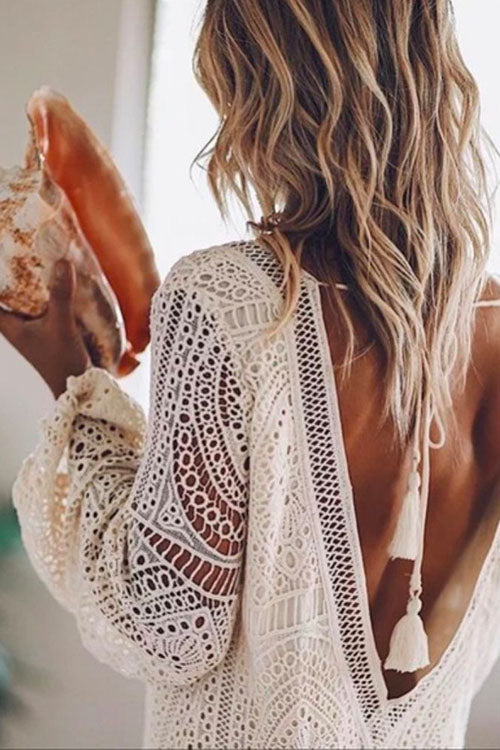 V-Neck Puff Sleeve Hollow Out Cover Up Dress - Fashionpara