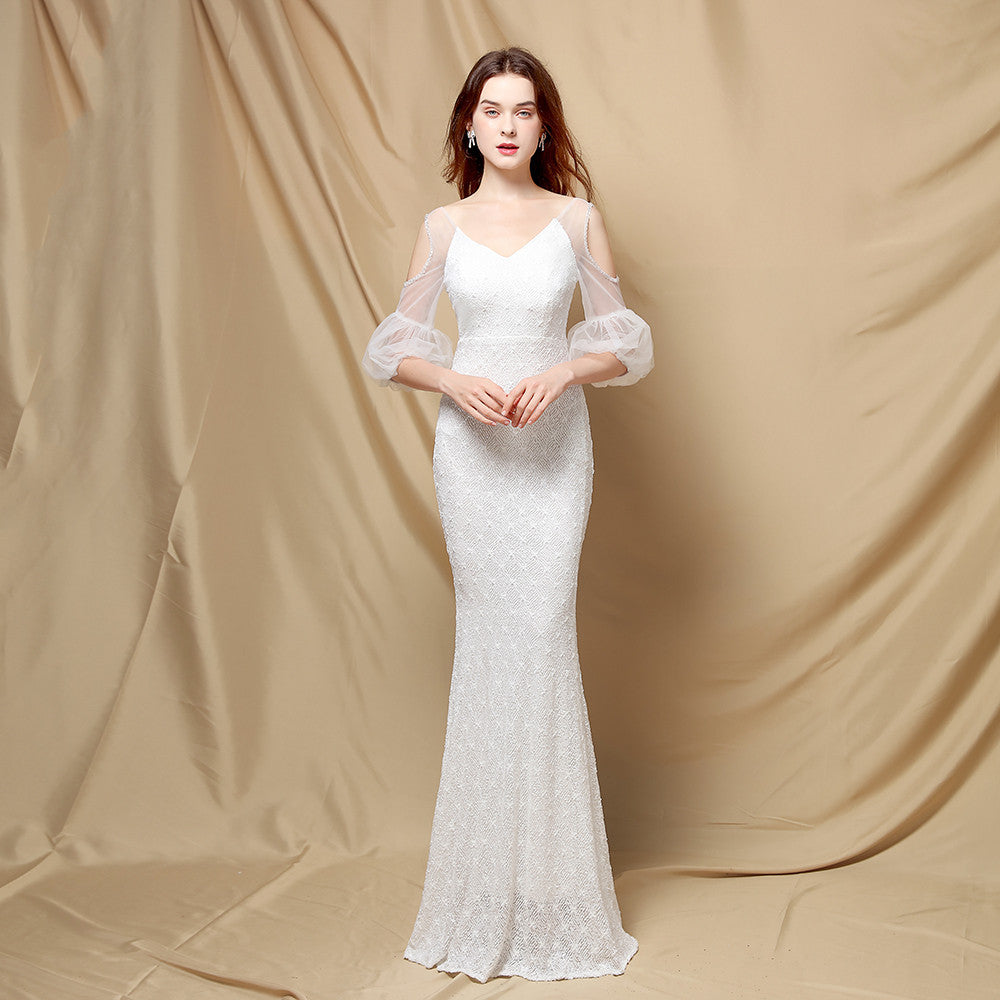 Sequin V-Neck Sheer Puff Sleeve Mermaid Maxi Gown