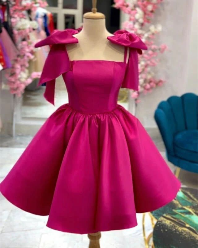 A Line Homecoming Dresses 2024 Bow Strap Satin Prom Cocktail Party Gown - Fashionpara