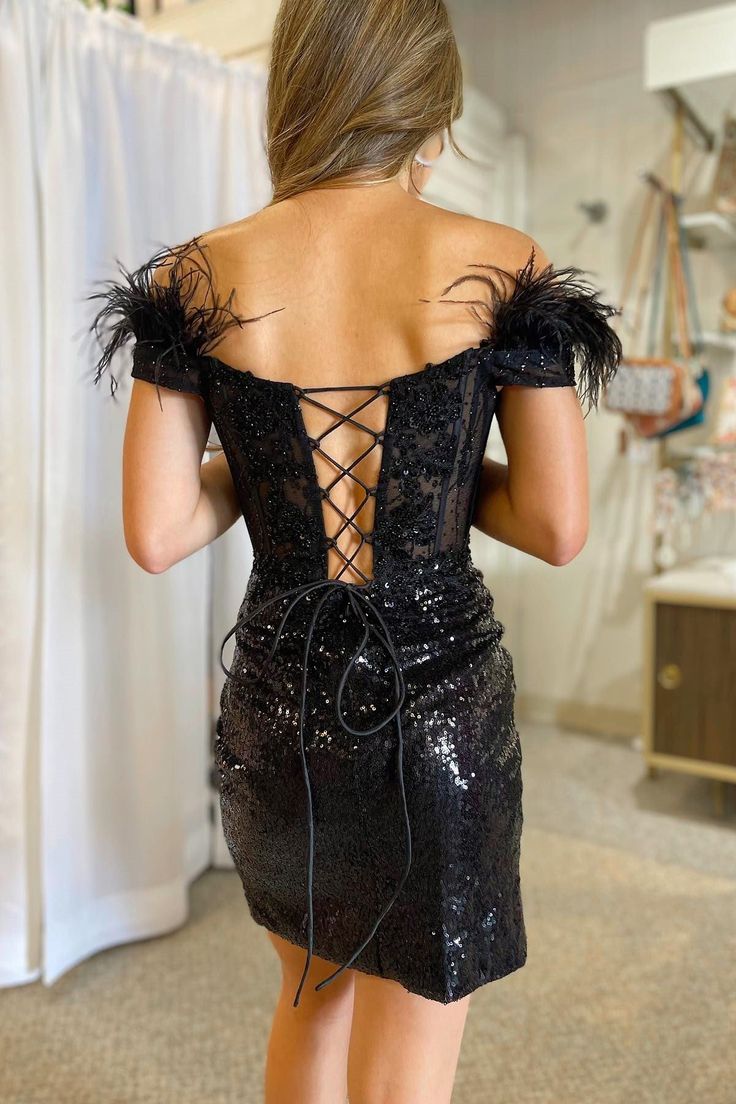 Black Sequin Off-the-Shoulder Lace-Up Short Gown with Feathers - Fashionpara
