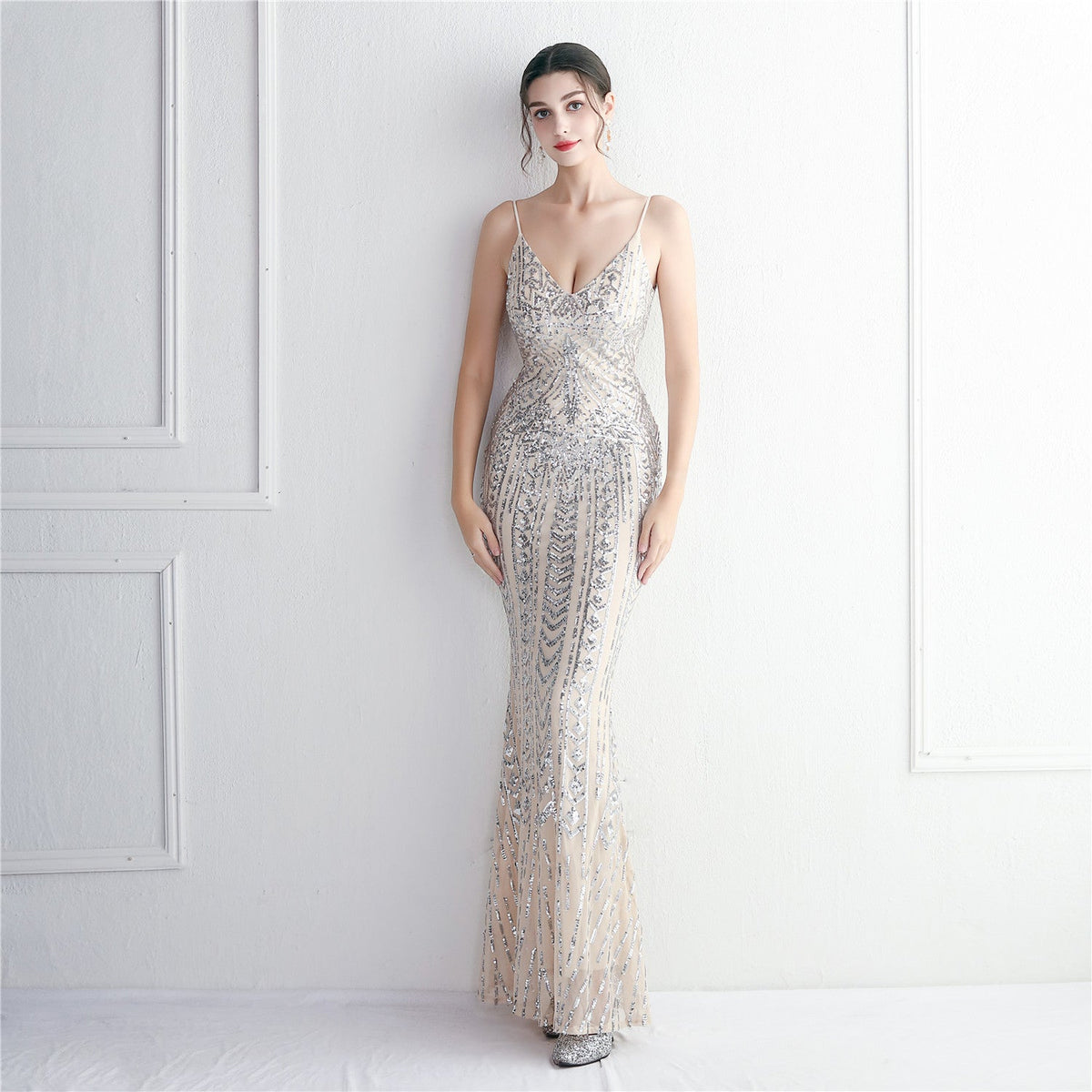 Sequin V-Neck Spaghetti Strap Mermaid Maxi Gown 8