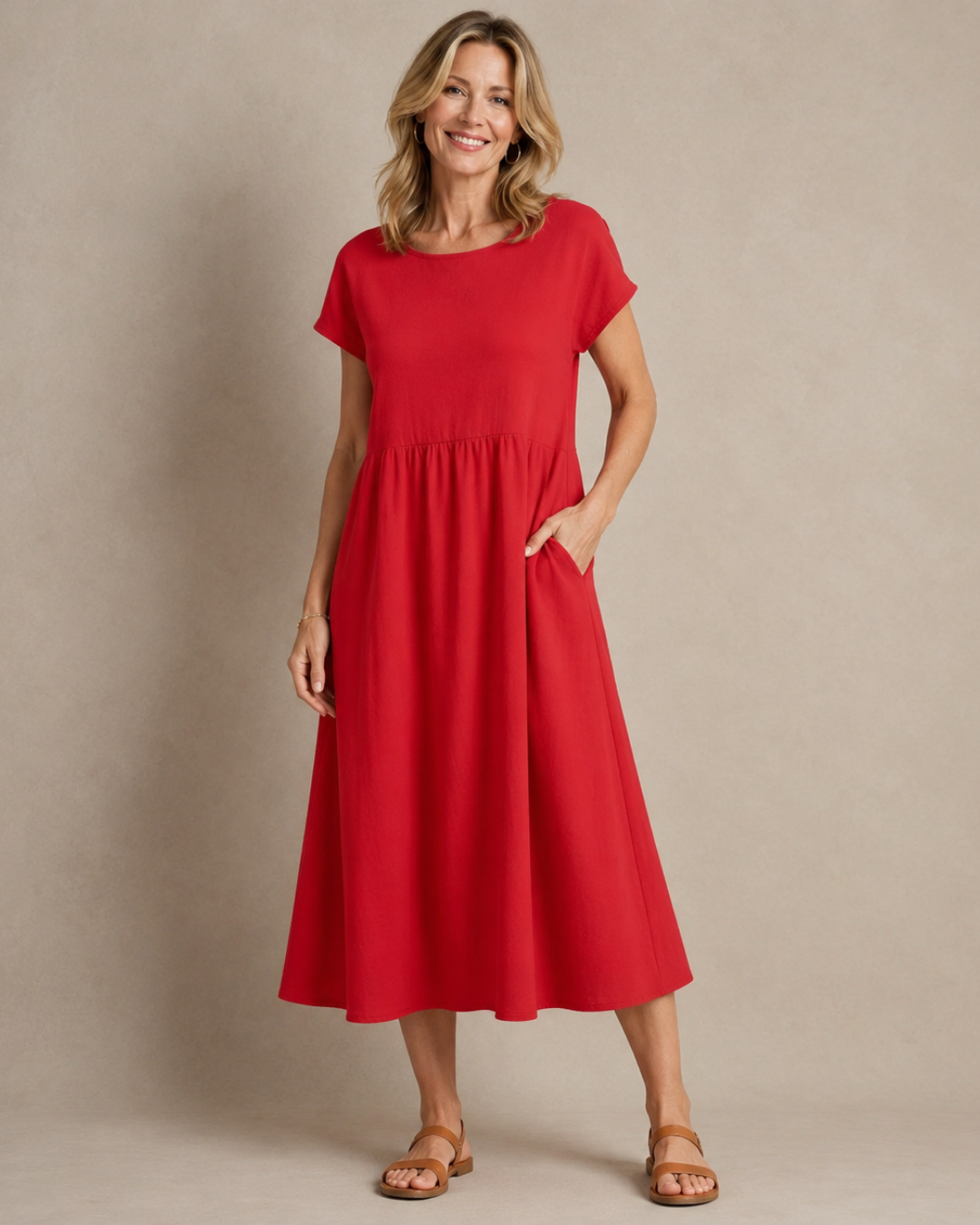 Round Neck Cap Sleeve Babydoll Midi Dress 6