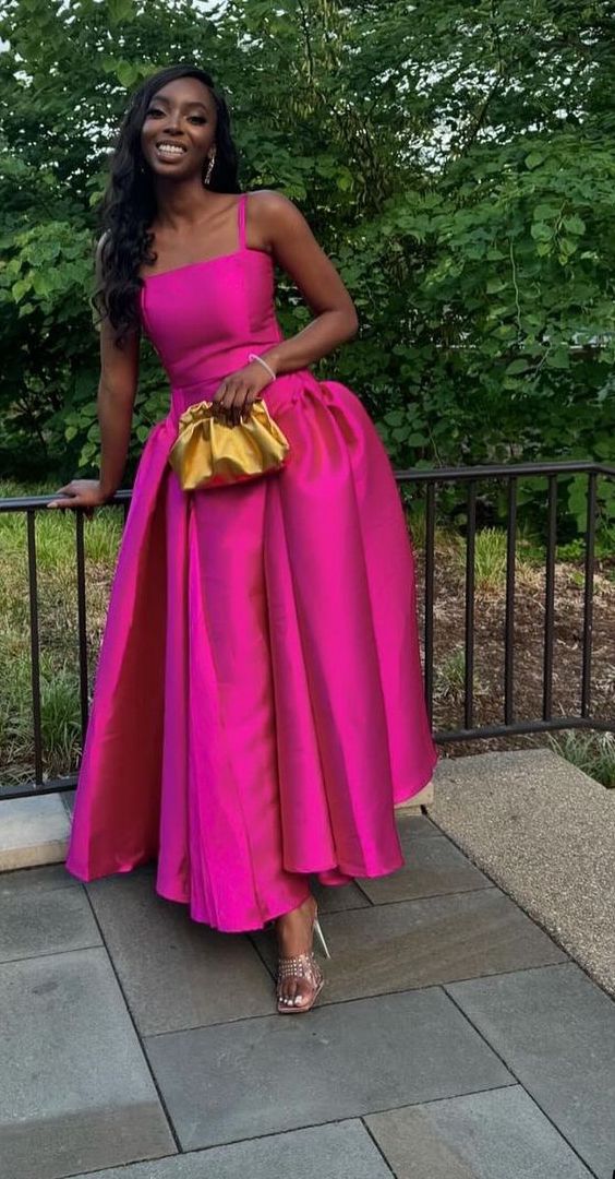 Fuchsia Spaghetti Straps A-Line Satin Long Formal Party Dress