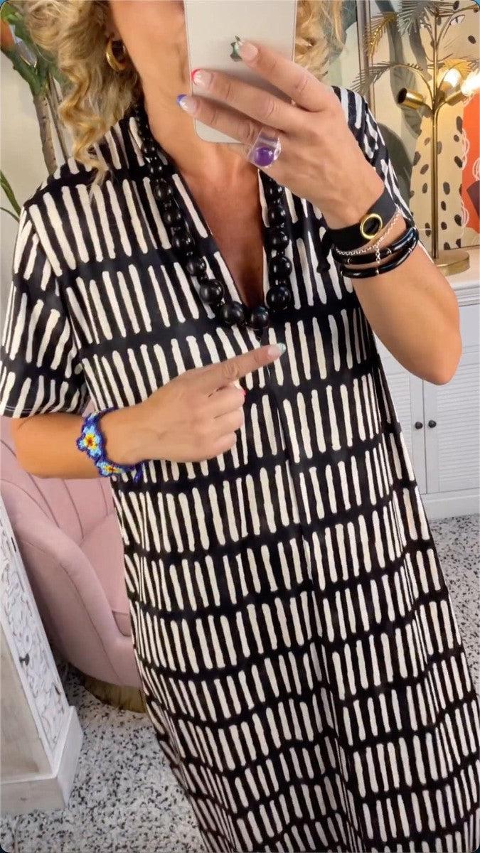 Geometric Dash Print V-Neck Short Sleeve Relaxed Maxi Dress - View 3