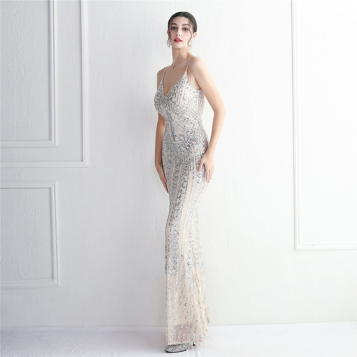 Sequin V-Neck Spaghetti Strap Mermaid Maxi Gown 10
