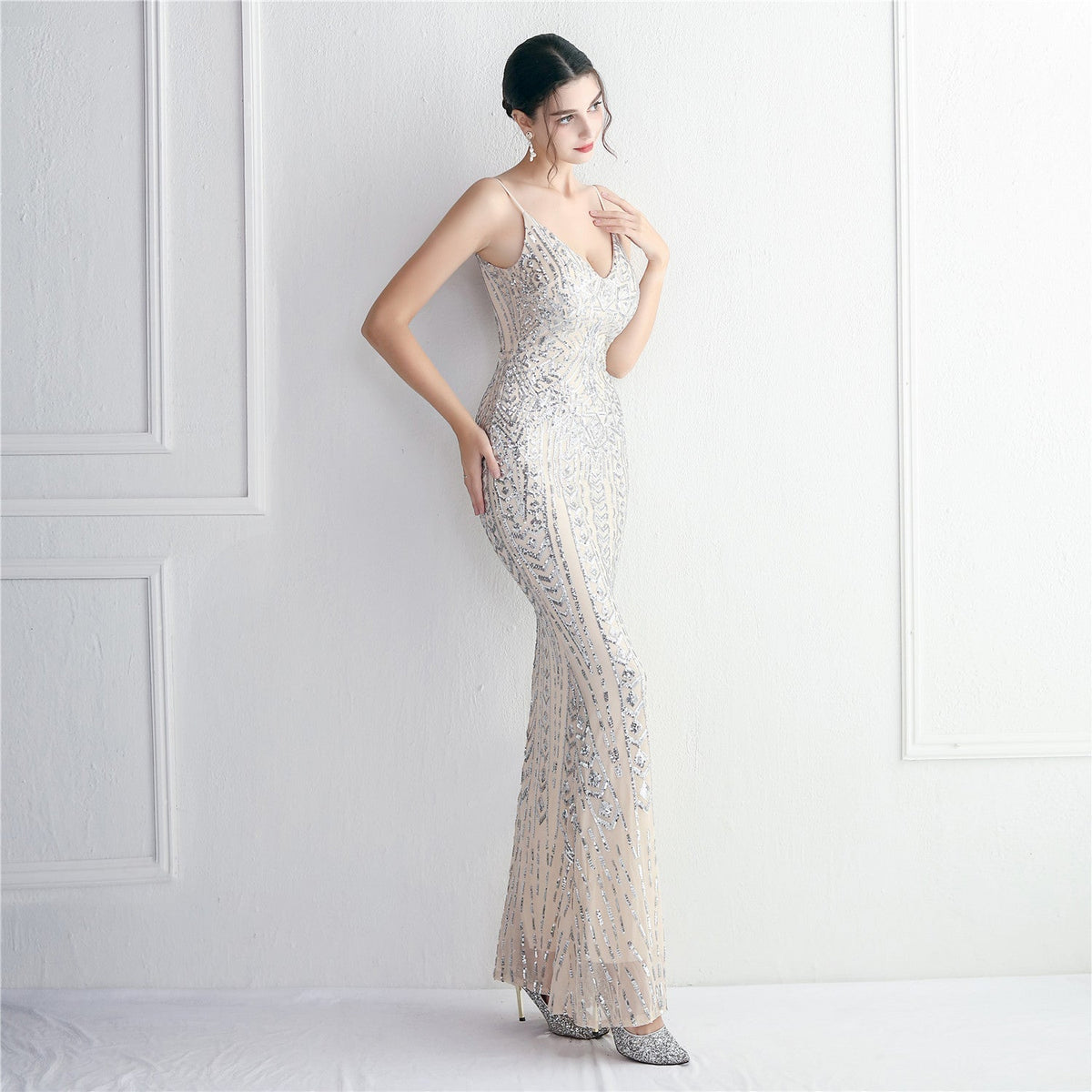Sequin V-Neck Spaghetti Strap Mermaid Maxi Gown 11