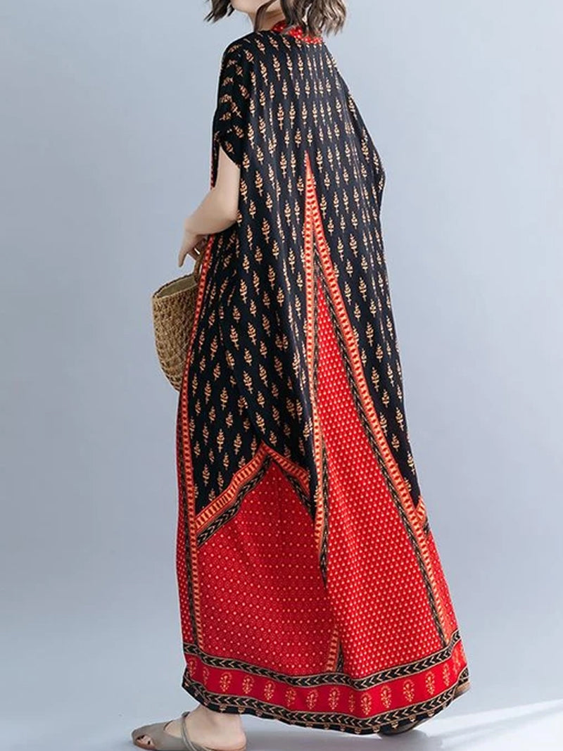 Ethnic Border Print V-Neck Short Sleeve Kaftan Maxi Dress 2