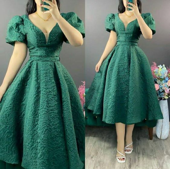 A line Green Mid Length Dress Prom Evening Dresses For Women - Fashionpara