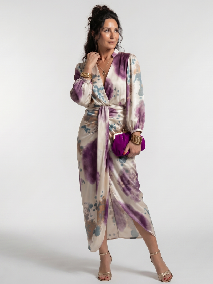 Watercolor Print V-Neck Long Sleeve Wrap Midi Dress 2
