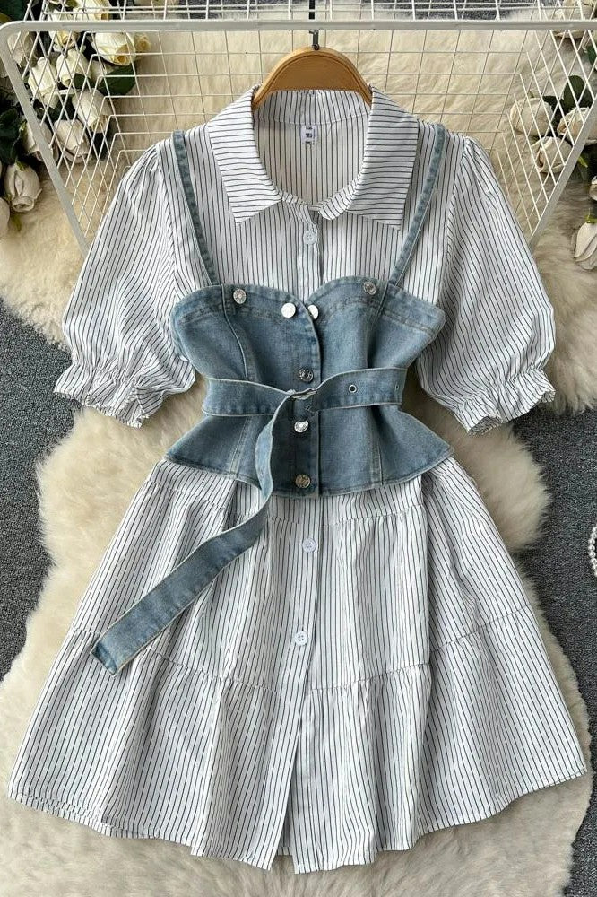 Set Retro Gothic Denim Vests + Striped Short Shirt Dress 2 pcs Sets