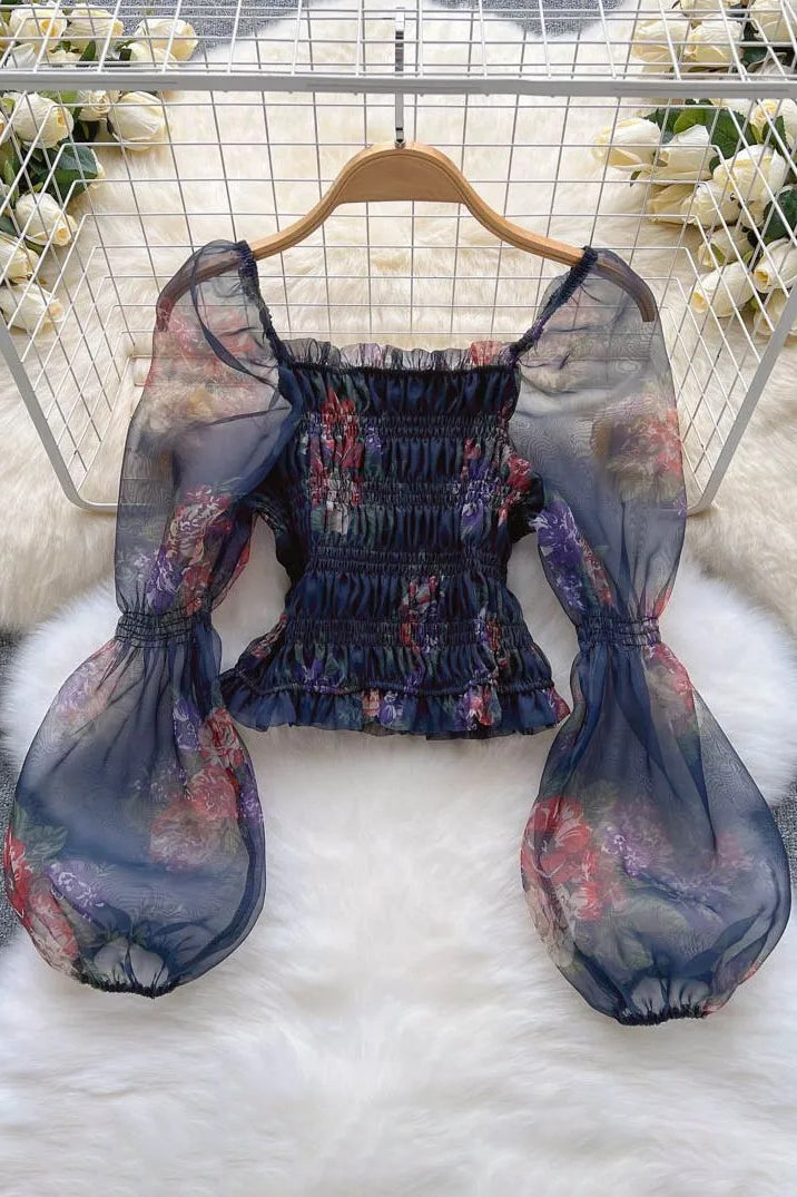 Romantic Flower Print Blouses Elegant Mesh Puff Sleeve Slim Elastic Ruched Waist Female Short Shirts Tops