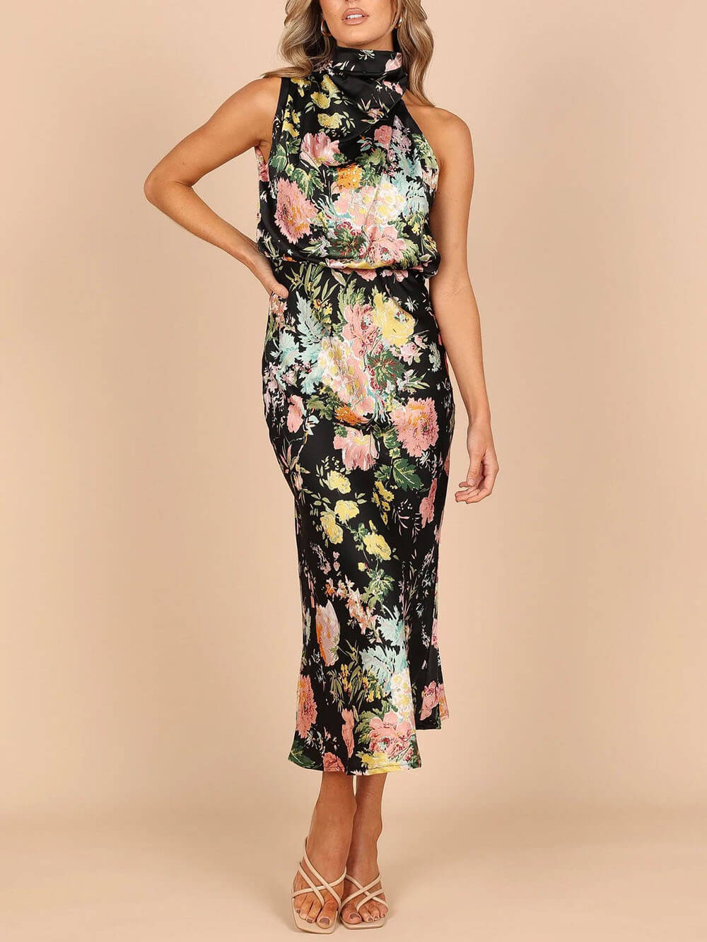 Floral Halter Neck Elastic Waist Maxi Dress - Fashionpara