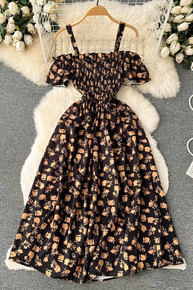 Romantic Floral Print Long Dress Off Shoulder Puff Sleeve Party Dress