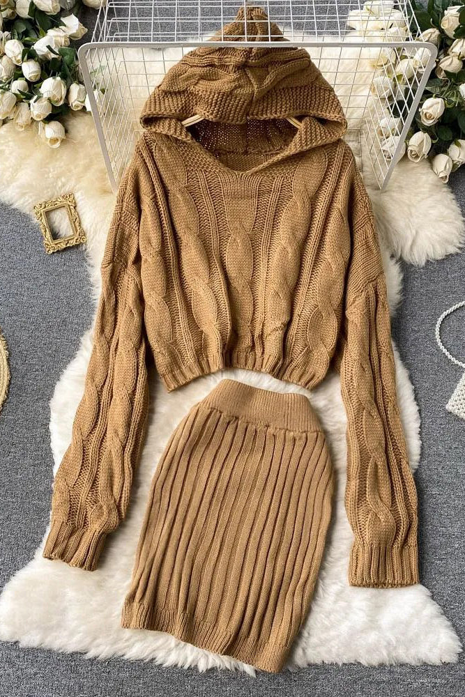 Chic Hooded Sweater and High-Waist Mini Skirt Set