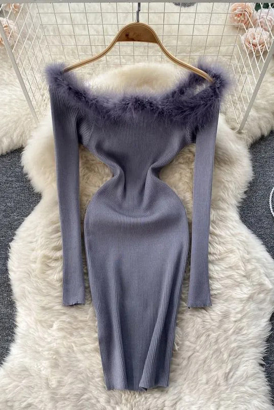 Fur Patchwork Off-Shoulder Knitted Mini Dress for Parties