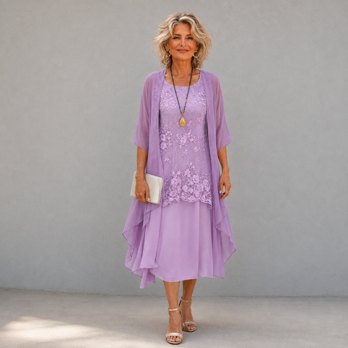 Lace Bodice Chiffon Two Piece Jacket Midi Dress 7