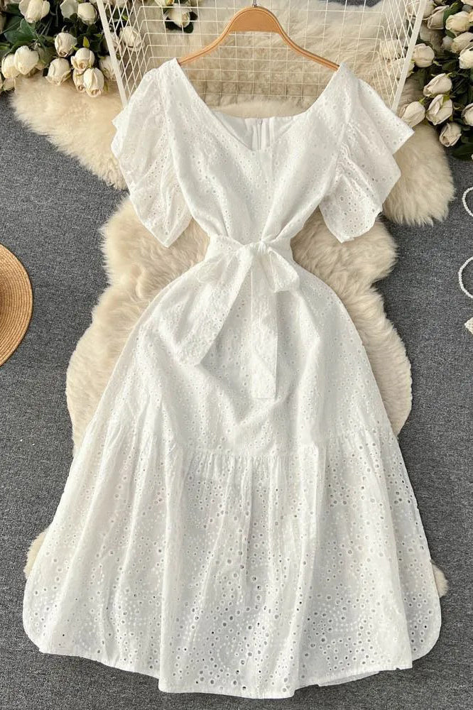 Romantic Puff Sleeve Party Dress Elegant Sash Bandage Ruffled Long Dress