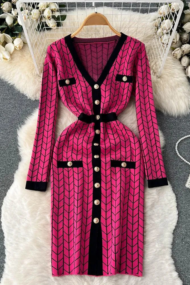 V-neck Button-Up Knitted Sweater Dress for Elegant Style