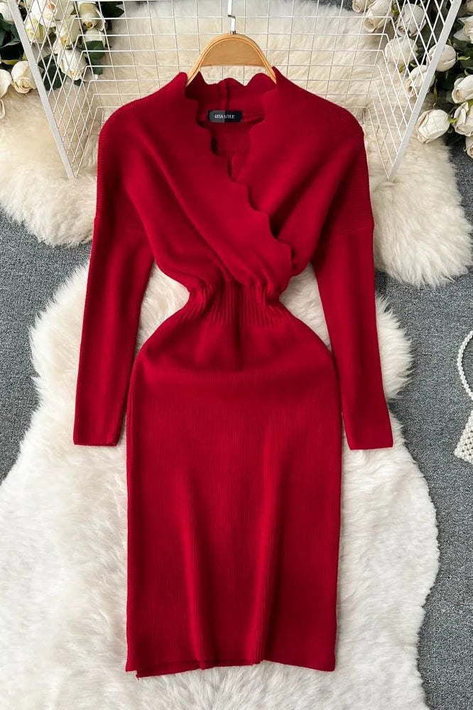 Elegant Cross V-neck Knit Sweater Dress for Women