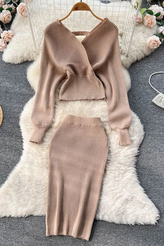 Elegant Batwing Sleeve Knitted Sweater and Skirt Set