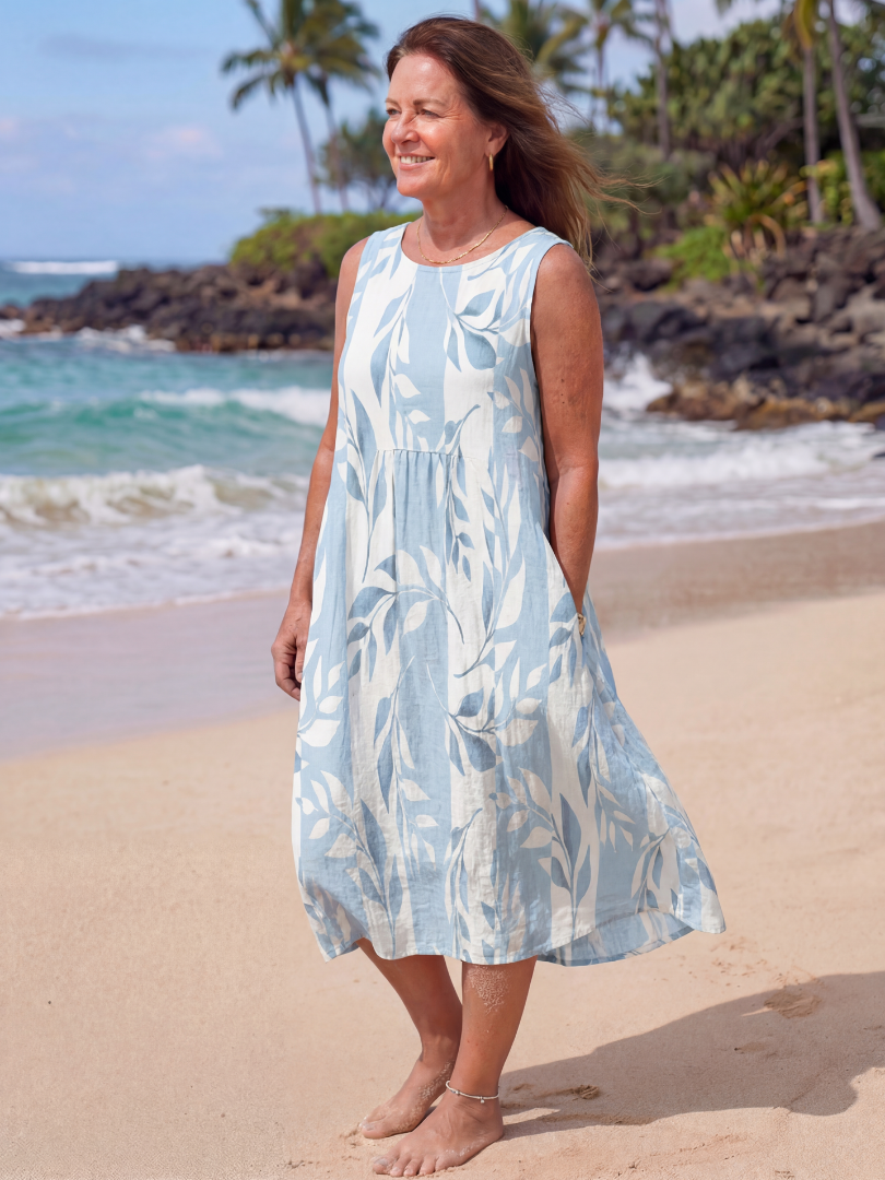 Leaf Print Sleeveless Round Neck Babydoll Midi Dress 2
