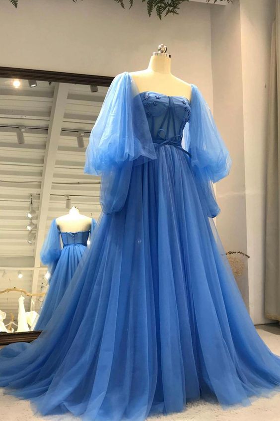 Tulle Long Sleeve Prom Dress, A-Line Tulle Formal Evening Dress - Fashionpara