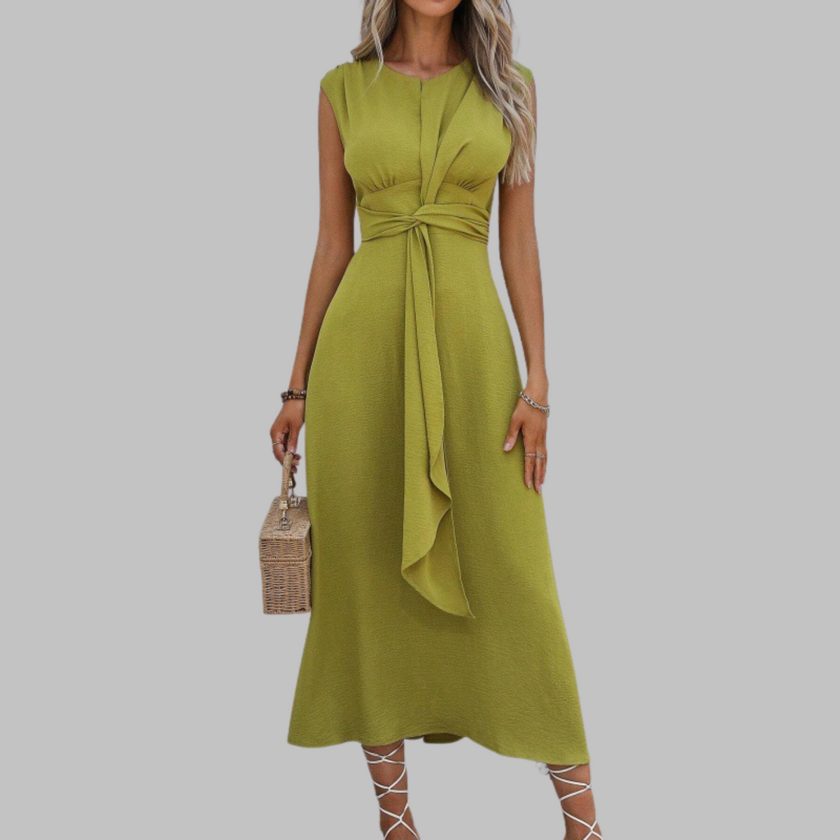 Round Neck Cap Sleeve Tie Waist A-Line Midi Dress 8