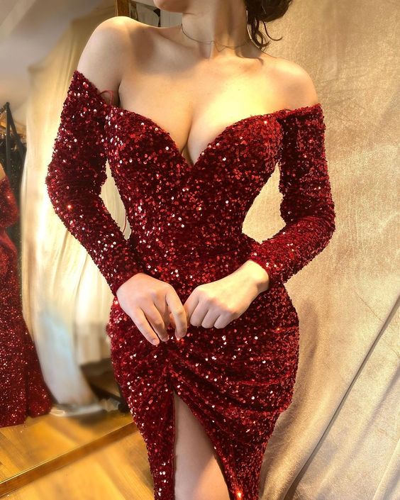 Short Prom Dresses Sequin Long Sleeve Sheath Party Dress - Fashionpara