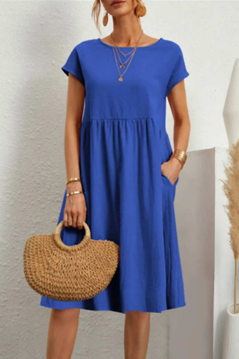 Linen Blend Print A-Line Short Sleeve Midi Dress - View 3