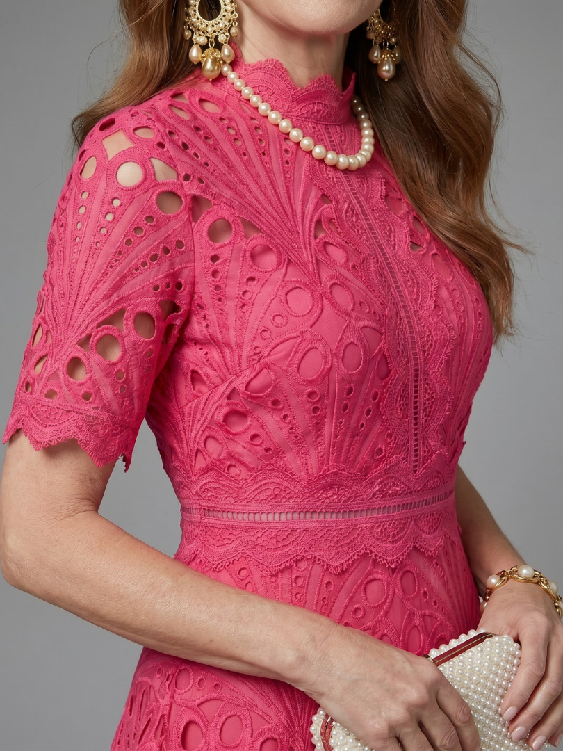 Eyelet Lace Mock Neck Short Sleeve Fit and Flare Midi Dress 3