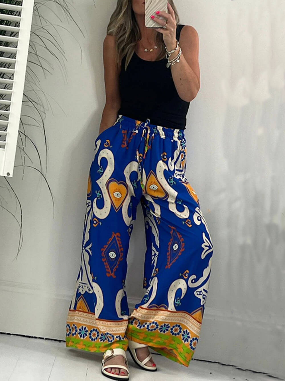 Printed Pocketed Drawstring Elastic Waist Pants - Fashionpara