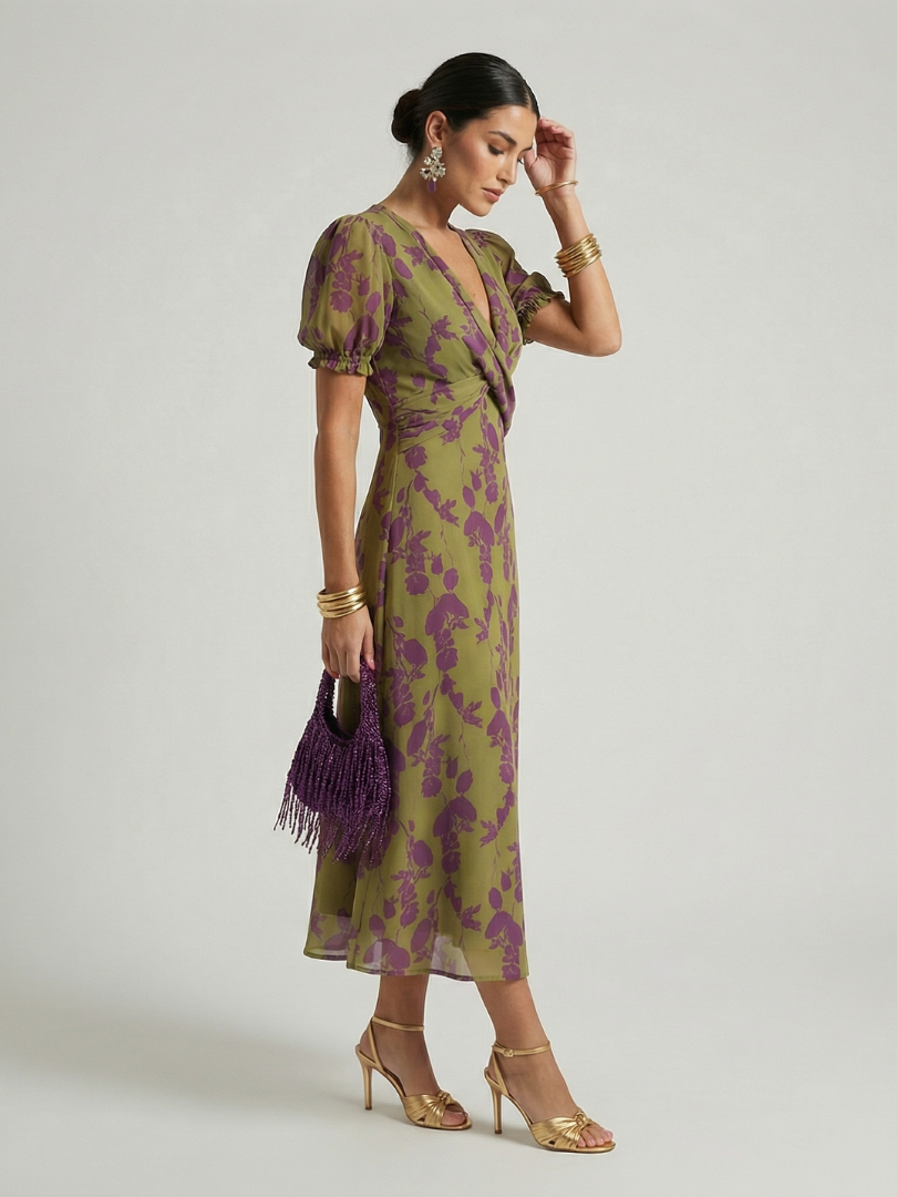 Floral Print Wrap V-Neck Puff Sleeve Midi Dress 2