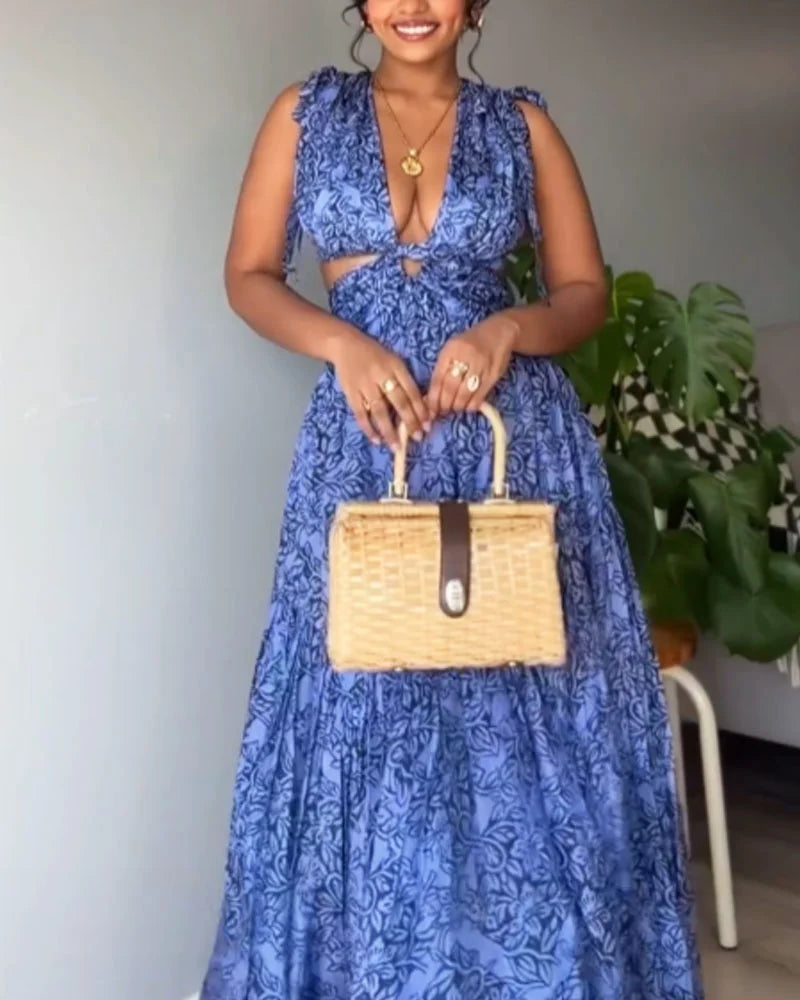 Casual Lace-Up Cutout Printed Dress - Fashionpara