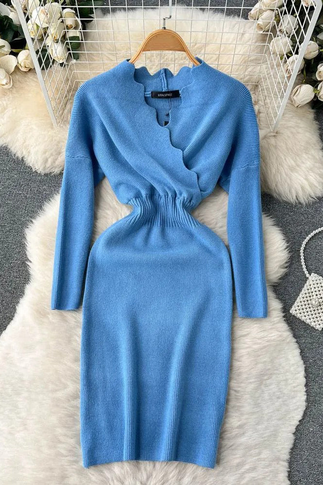 Elegant Cross V-neck Knit Sweater Dress for Women
