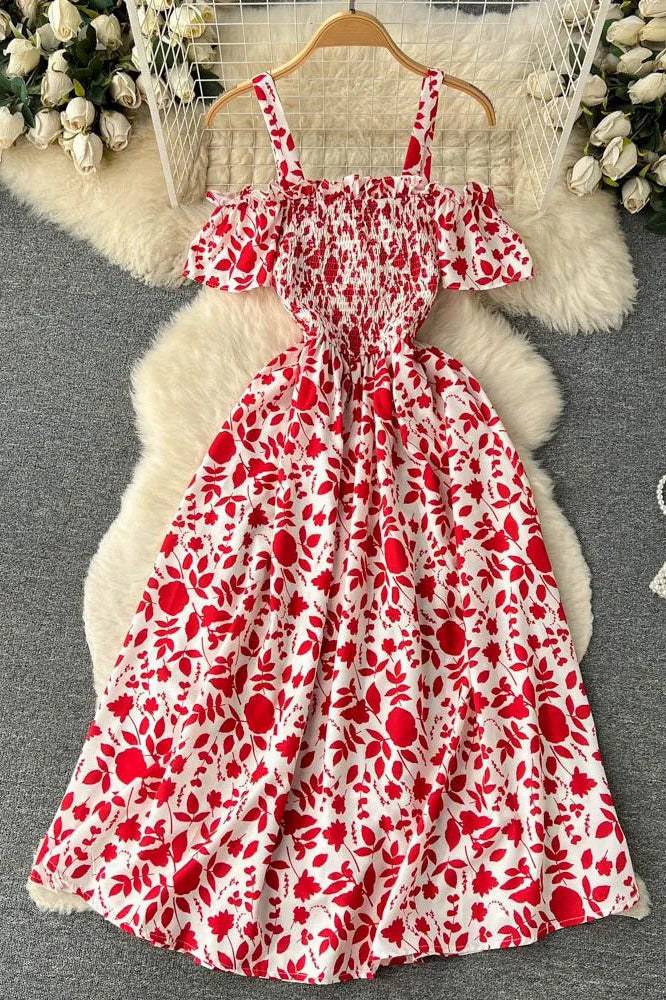 Romantic Floral Print Long Dress Off Shoulder Puff Sleeve Party Dress