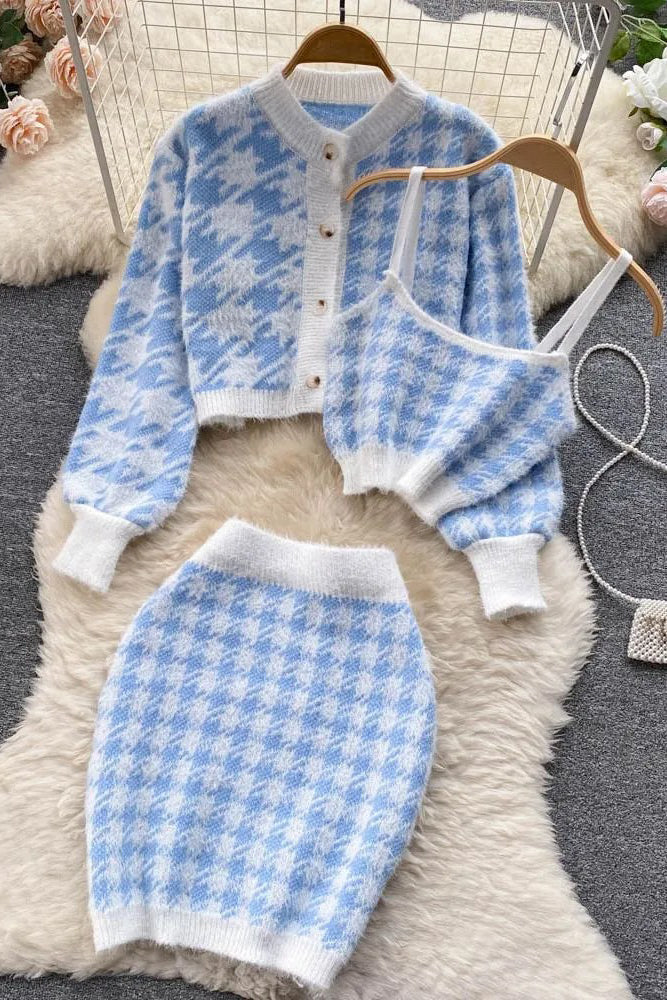 Chic Three-Piece Knitted Set with Cardigan and Mini Skirt