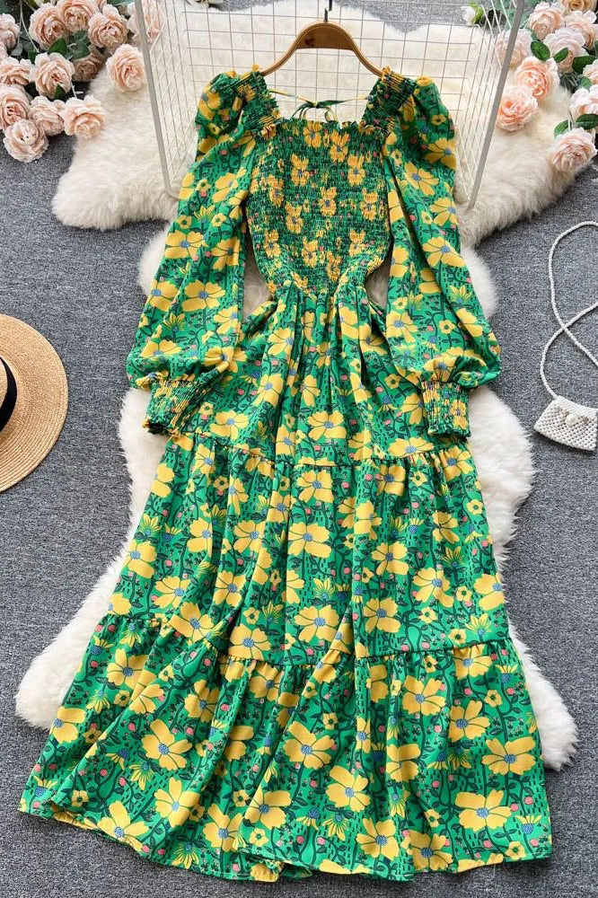 Elegant Flower Print Long Square Collar Puff Sleeve Party Female Vestidos Dress