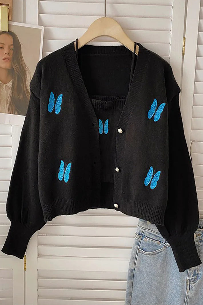 Orro Shop Butterfly Embroidered Two-Piece Cardigan Set