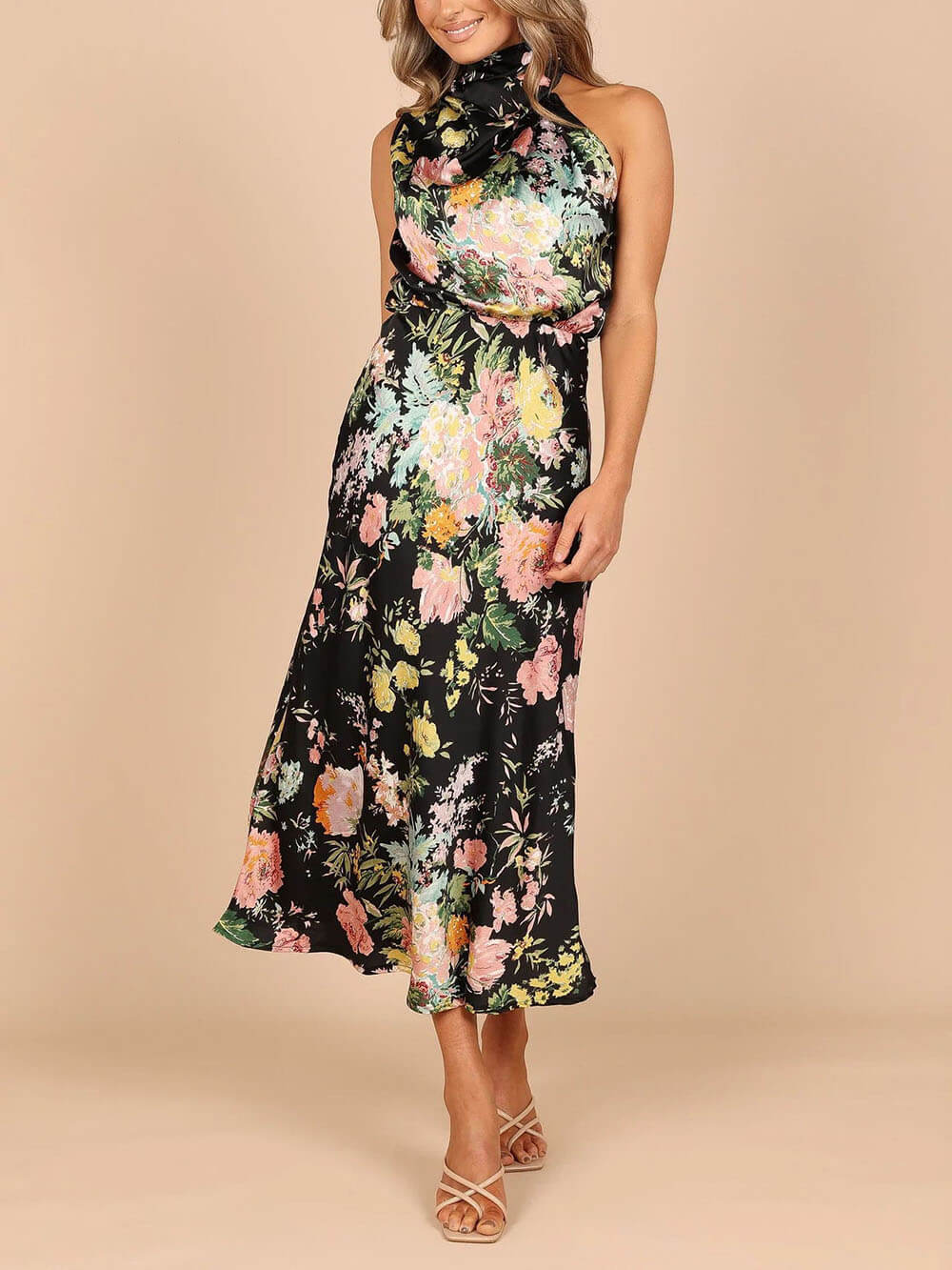 Floral Halter Neck Elastic Waist Maxi Dress - Fashionpara