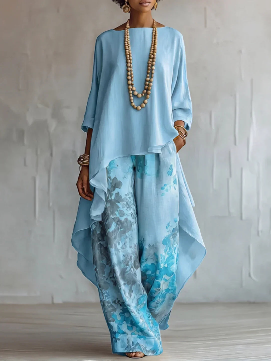 Boat Neck High Low Top and Floral Wide Leg Pants Two Piece Set