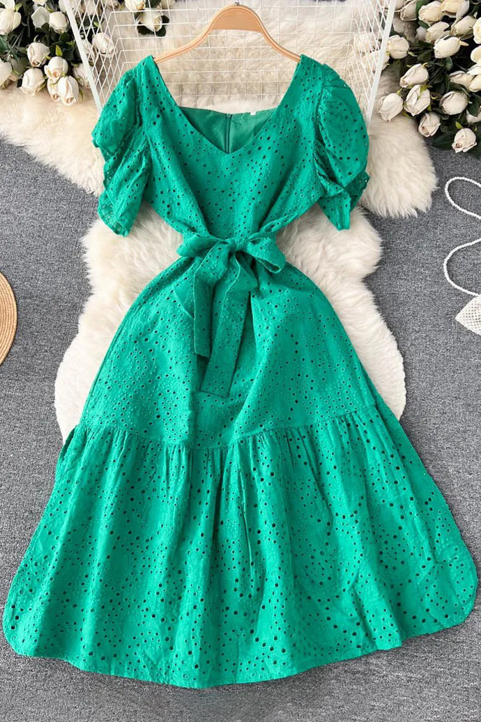 Romantic Puff Sleeve Party Dress Elegant Sash Bandage Ruffled Long Dress