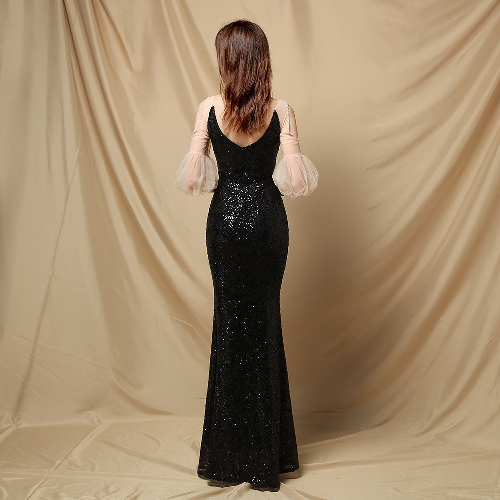 Embellished V-Neck Puff Sleeve Mermaid Gown