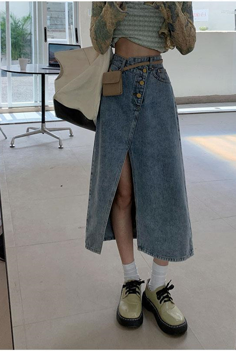 High Waist Irregular Split Denim Skirts - Fashionpara