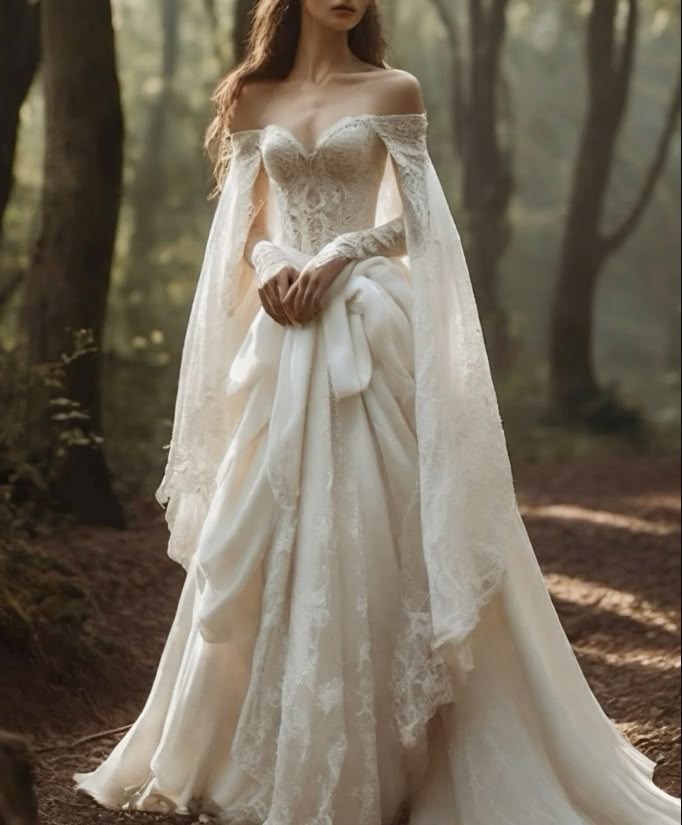 Vintage Off The Shoulder Wedding Dress with Cape Lace Up Lace Applique Bridal Dress